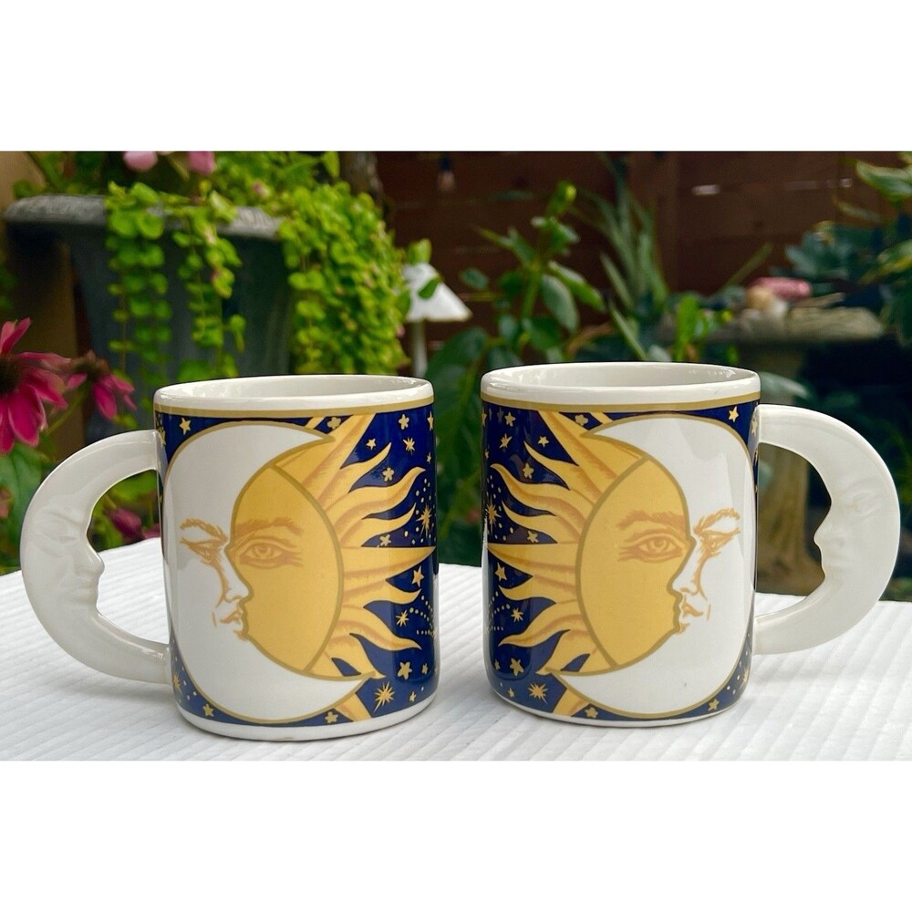 2 RARE Vtg Vitromaster Galaxy Stars Sun Moon Handle Celestial Mug Coffee Cup